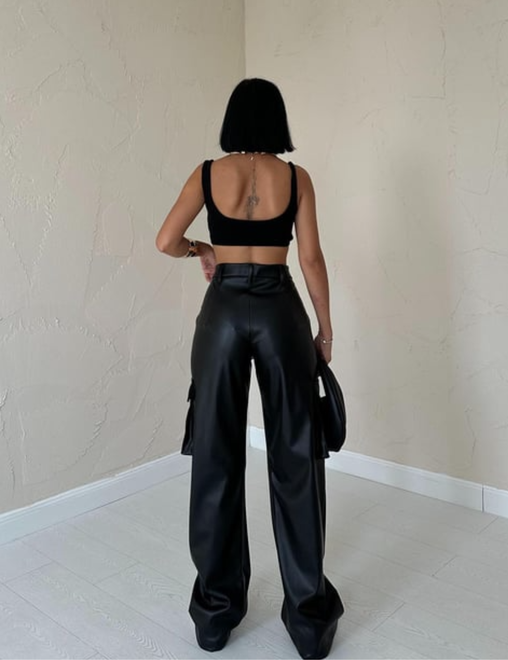 Μαύρο Faux leather cargo παντελόνι