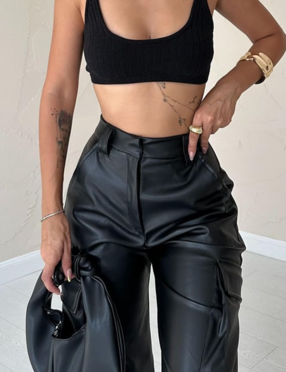 Μαύρο Faux leather cargo παντελόνι
