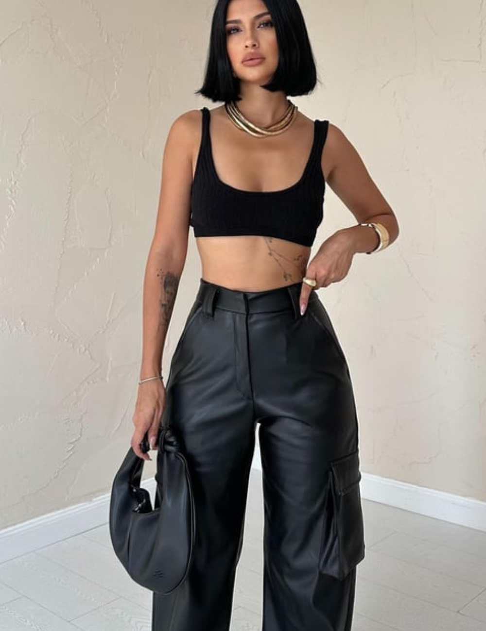 Μαύρο Faux leather cargo παντελόνι