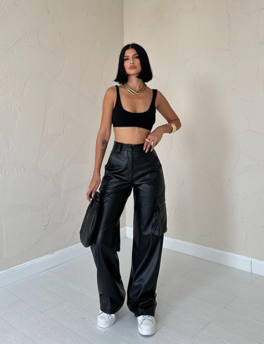 Μαύρο Faux leather cargo παντελόνι