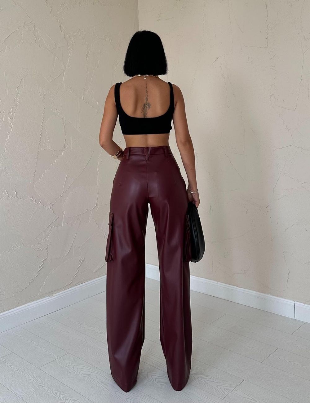Μπορντό Faux leather cargo παντελόνι