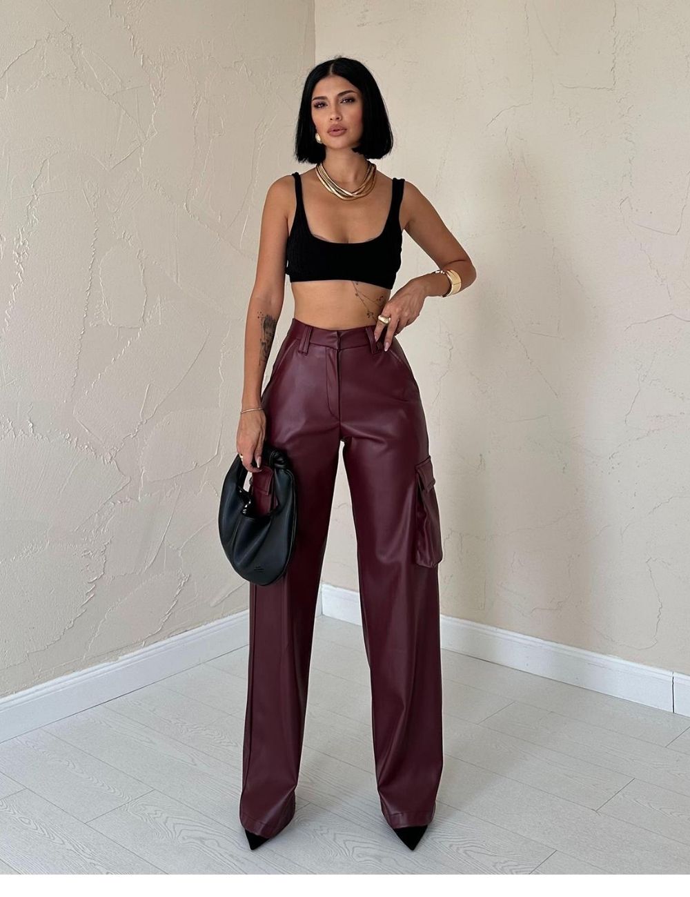 Μπορντό Faux leather cargo παντελόνι